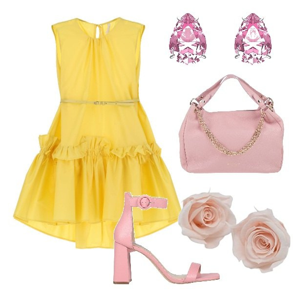 Outfit donna - Il giallo col rosa. Stile Romantica per Cerimonia. Abbinamento con sandali col tacco, borse a mano, vestiti corti, blush, orecchini.