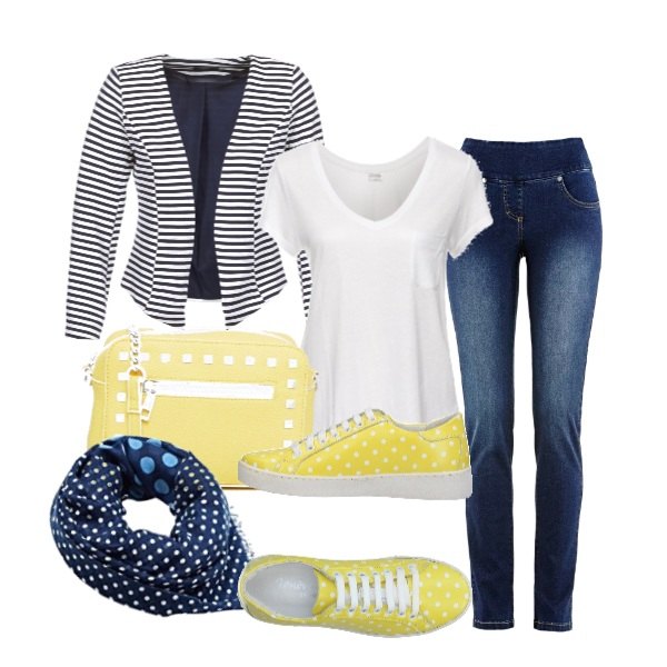 Outfit donna - Pois supremo. Stile Basic per Tutti i giorni. Abbinamento con jeans, maglia effetto lucido con scollo bianco, sneakers tennis, giacca blu, sciarpa navy, borsa a tracolla con borchie e zip.