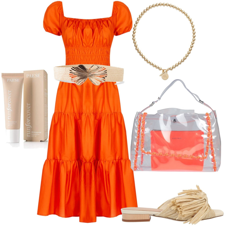 Outfit donna - Piena di vitalità. Stile Trendy per Tutti i giorni. Abbinamento con cinture, borse a mano, sandali in pelle, vestiti midi/longuette, collane, fondotinta.