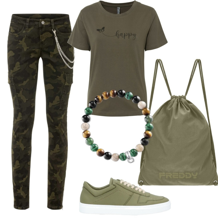 Outfit donna - Total look #1626001. Stile Military per Tutti i giorni. Abbinamento con t-shirt, pantaloni cargo, sneakers, zaini, braccialetti.