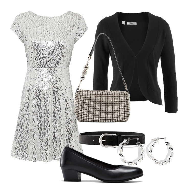 Outfit donna - Un abito scintillante. Stile Chic per Cerimonia. Abbinamento con orecchini, cinture, décolleté, vestiti, blazer, clutch.