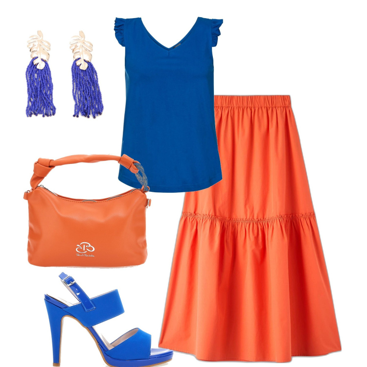 Outfit donna - Trendy tutti i giorni. Stile Trendy per Tutti i giorni. Abbinamento con top, gonne lunghe, orecchini, sandali col tacco, borse a mano.