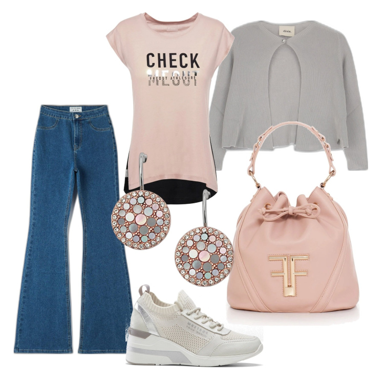 Outfit donna - Lo sportivo chic di oggi. Stile Casual chic per Ufficio. Abbinamento con sneakers, jeggings, borse a secchiello, t-shirt, cardigans, orecchini.