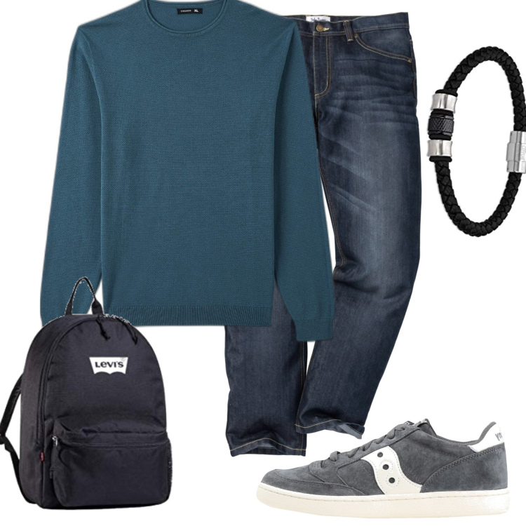 Outfit uomo - Pullover. Stile Casual per Tutti i giorni. Abbinamento con jeans dritti, sneakers, pullovers, braccialetti, borse sportive.