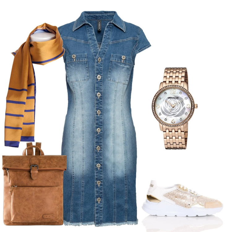 Outfit donna - Total loo jeans. Stile Casual per Tutti i giorni. Abbinamento con zaini, vestiti corti, sneakers alte, foulard, orologi analogici.