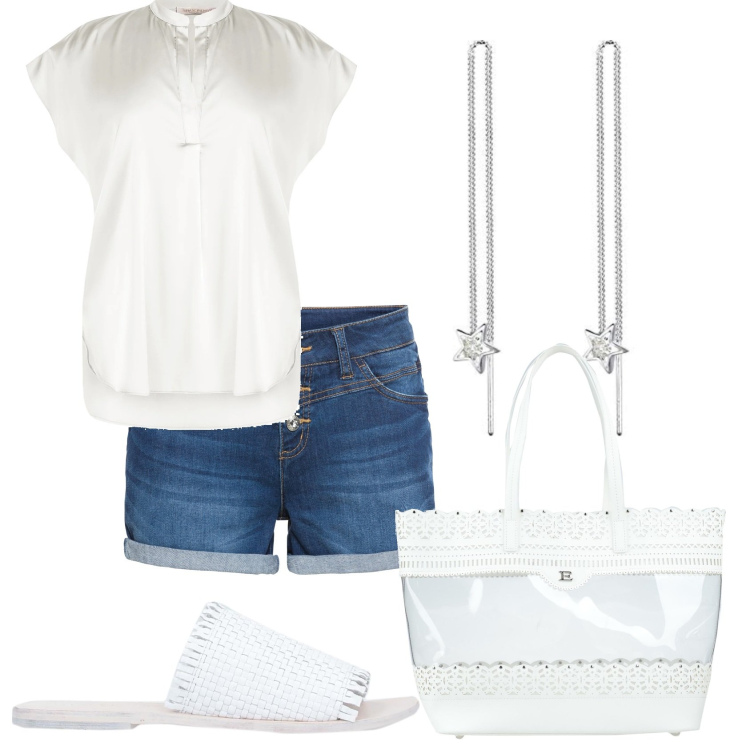 Outfit donna - Pantaloncino jeans e blusa. Stile Trendy per Tutti i giorni. Abbinamento con shorts, sandali in pelle, borse a mano, bluse, orecchini.