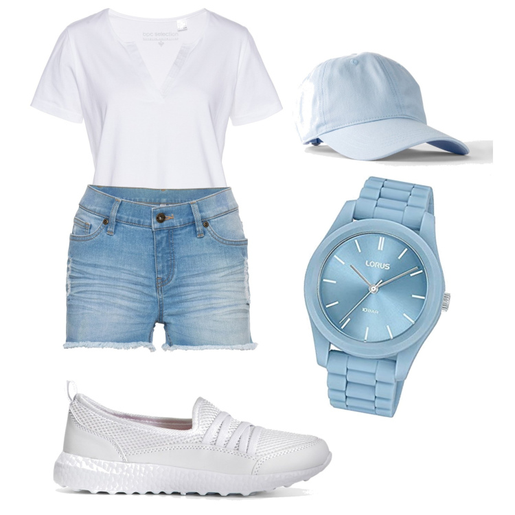 Outfit donna - Total look #1626192. Stile Casual per Tutti i giorni. Abbinamento con sneakers, t-shirt, shorts, cappelli con visiera, orologi.