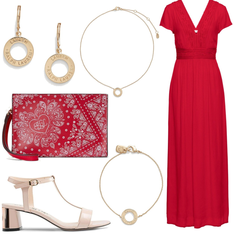 Outfit donna - Pochette rossa. Stile Chic per Cerimonia. Abbinamento con vestiti lunghi, sandali, orecchini, pochette, ciondoli, braccialetti.