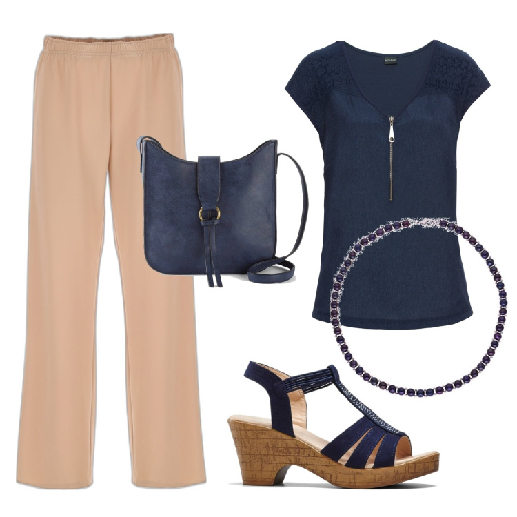 Outfit donna - Pomeriggio in blu. Stile Casual per Tutti i giorni. Abbinamento con t-shirt, sandali, borse a tracolla, pantaloni a palazzo, collane.