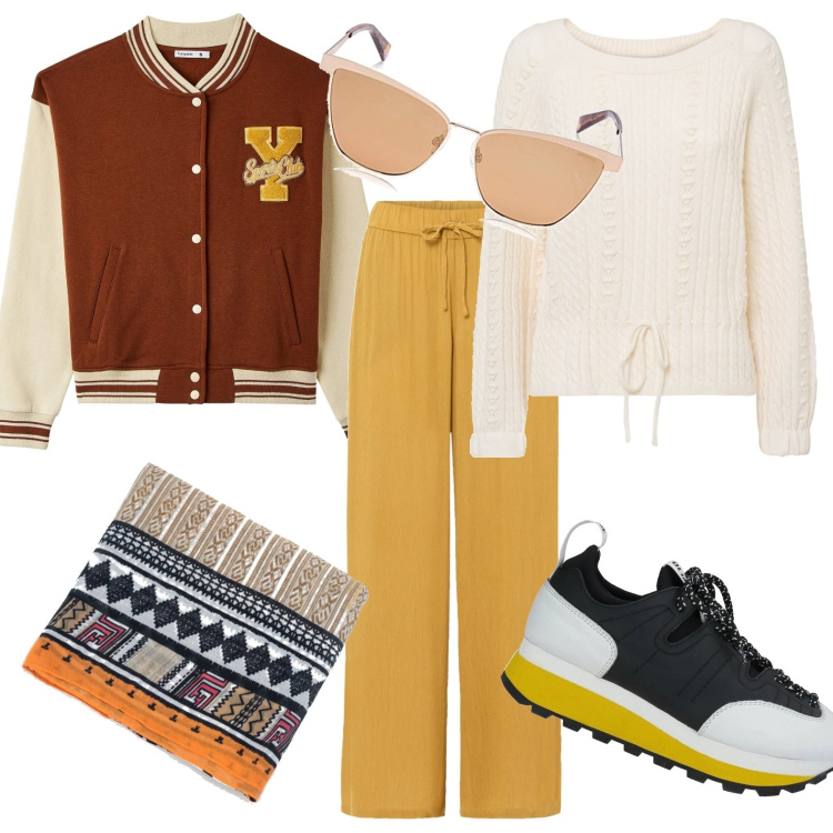 Outfit donna - Sportiva al lavoro. Stile Casual per Ufficio. Abbinamento con pantaloni, maglieria, sneakers, bomber, sciarpe, occhiali da sole.