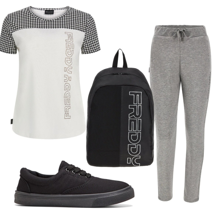 Outfit donna - Total look #1626339. Stile Basic per Sport. Abbinamento con sneakers, zaini, t-shirt, pantaloni.