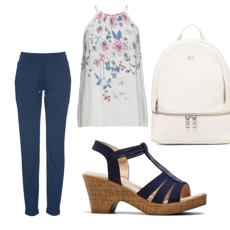 Outfit donna - Il top chiaro a fiori. Stile Casual chic per Tutti i giorni. Abbinamento con top, pantaloni, sandali, zaini.