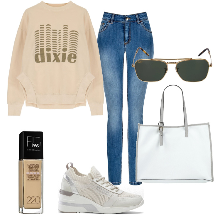 Outfit donna - In giro. Stile Trendy per Tutti i giorni. Abbinamento con sneakers, borse a mano, jeans skinny, felpe, occhiali da sole, fondotinta.