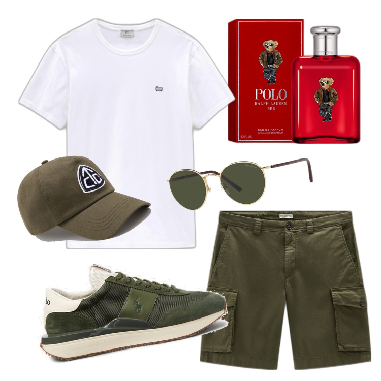 Outfit uomo - Passeggiata sul lungomare. Stile Casual per Mare. Abbinamento con sneakers, polo, occhiali da sole, pantaloni corti, cappelli con visiera, t-shirt.