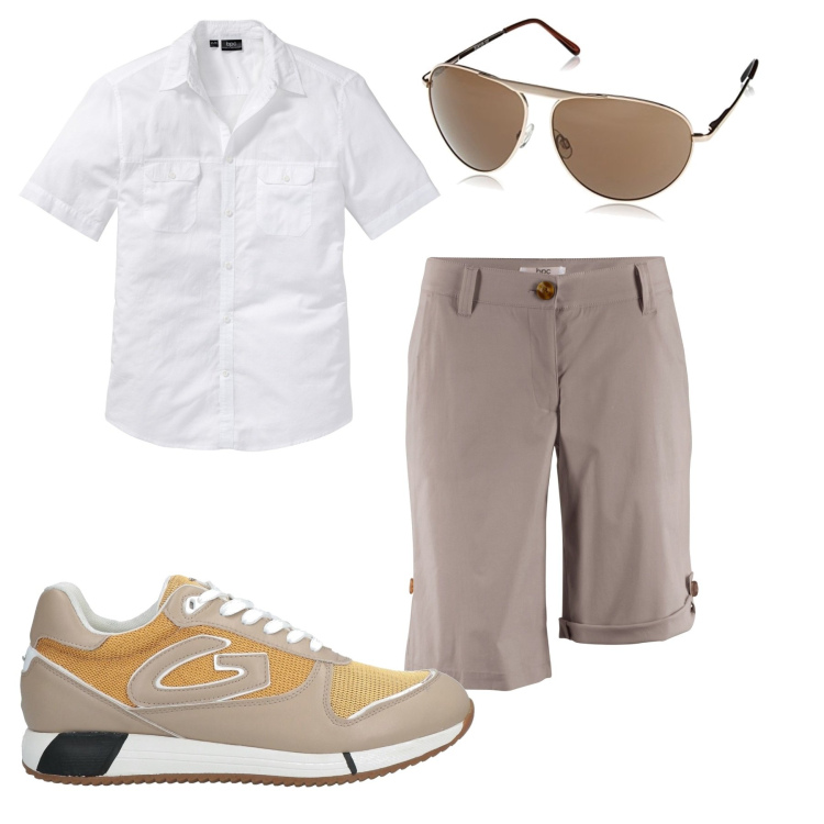 Outfit uomo - Maggio 2023. Stile Casual per Tutti i giorni. Abbinamento con camicie a manica corta, bermuda, sneakers, occhiali da sole.