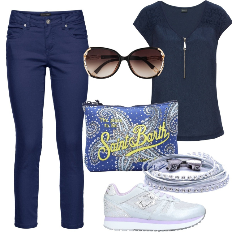 Outfit donna - Basic ma non banale. Stile Basic per Tutti i giorni. Abbinamento con t-shirt, pantaloni, occhiali da sole, sneakers, pochette, orologi.