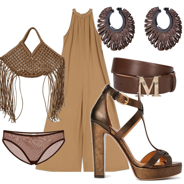 Outfit donna - Passeggiata in costiera. Stile Casual chic per Tutti i giorni. Abbinamento con sandali in pelle, tute, slip, cinture, shopping bag, orecchini.