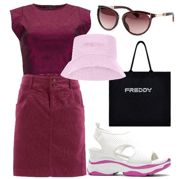 Outfit donna - La gonna di jeans colorata. Stile Sporty chic per Tutti i giorni. Abbinamento con gonne lunghe, occhiali da sole, sandali col tacco, top, borse tote, cappelli.