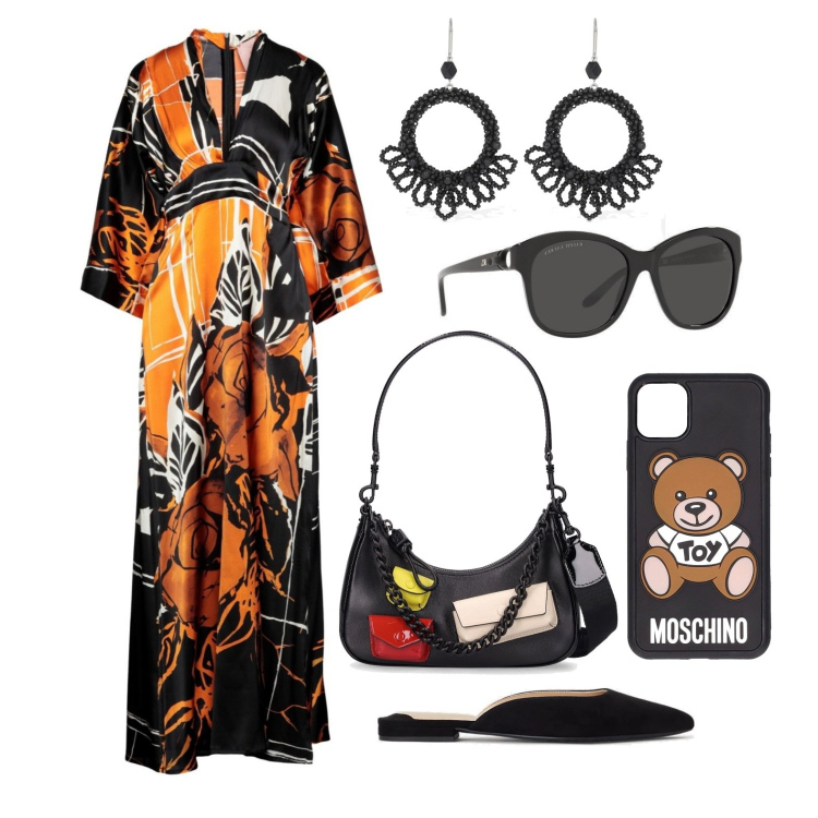 Outfit donna - Ghost outfitter - maggio. Stile Boho per Tutti i giorni. Abbinamento con vestiti lunghi, occhiali da sole, sabot, cover telefono, borse a spalla, orecchini.