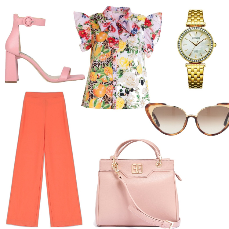 Outfit donna - Semplicità. Stile Casual Abbinamento con sandali col tacco, occhiali da sole, pantaloni, borse tote, bluse, orologi digitali.