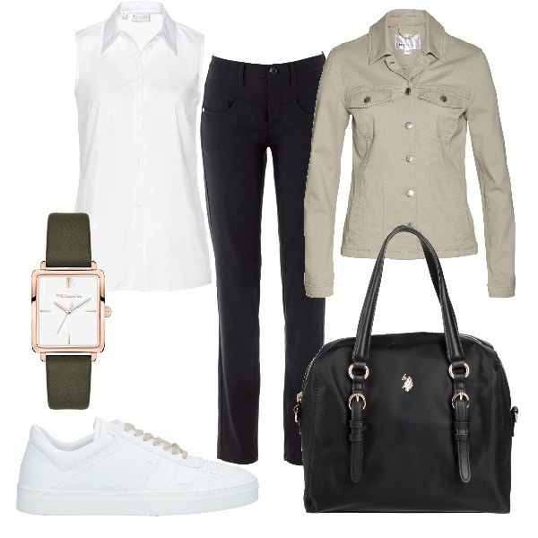 Outfit donna - Easy per tutti i giorni. Stile Basic per Tutti i giorni. Abbinamento con blazer, pantaloni, camicie, sneakers, borse a mano, orologi.