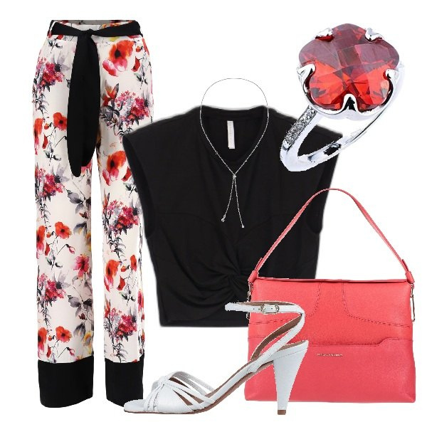 Outfit donna - Lascia fluire l\'entusiasmo. Stile Romantica per Cerimonia. Abbinamento con borse a spalla, sandali in pelle, top, pantaloni a palazzo, collane, anelli.