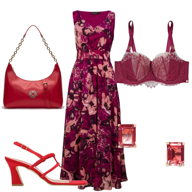 Outfit donna - Rosso e viola. Stile Romantica per Cerimonia. Abbinamento con vestiti lunghi, reggiseni, infradito, borse a spalla, orecchini.