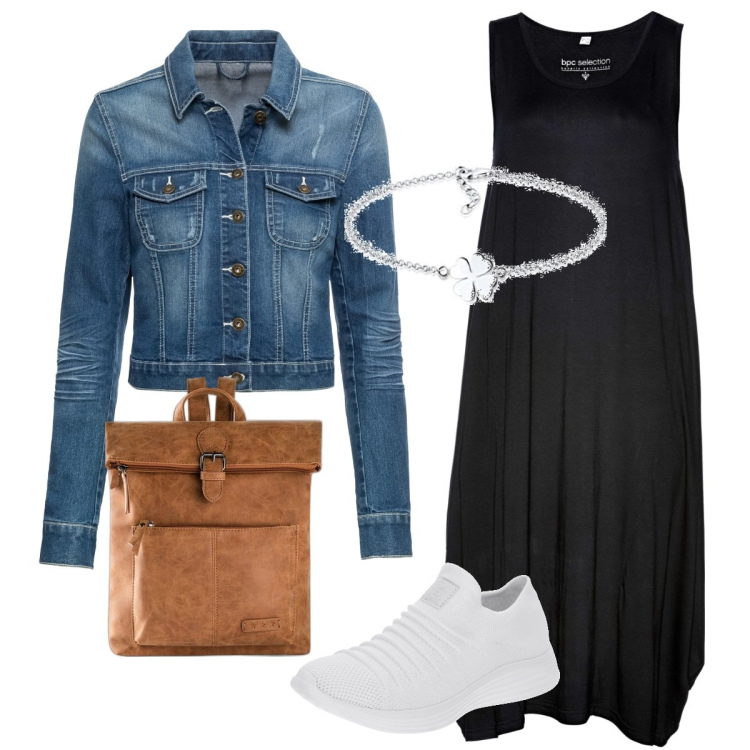 Outfit donna - una gita al museo. Stile Basic per Tutti i giorni. Abbinamento con zaini, vestiti midi/longuette, blazer, sneakers, braccialetti.