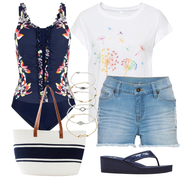 Outfit donna - Voglia di mare #1. Stile Casual per Mare. Abbinamento con t-shirt, braccialetti con ciondoli, costumi interi, shorts, infradito, shopping bag.
