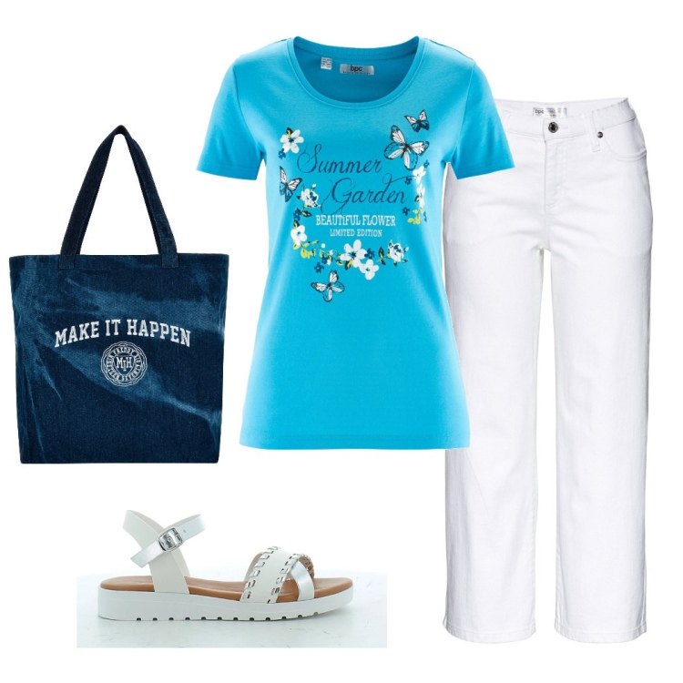 Outfit donna - Azzurro. Stile Casual per Tutti i giorni. Abbinamento con t-shirt, jeans, shopping bag, sandali in pelle.
