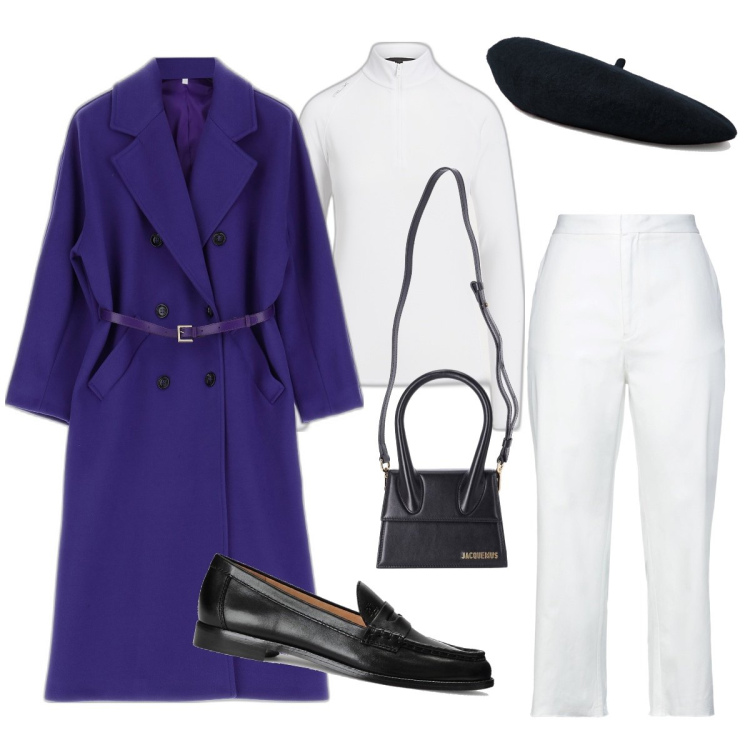 Outfit donna - il cappotto viola. Stile Minimal per Tutti i giorni. Abbinamento con pantaloni, borse a mano, cappotti, mocassini, pullovers, berretti.