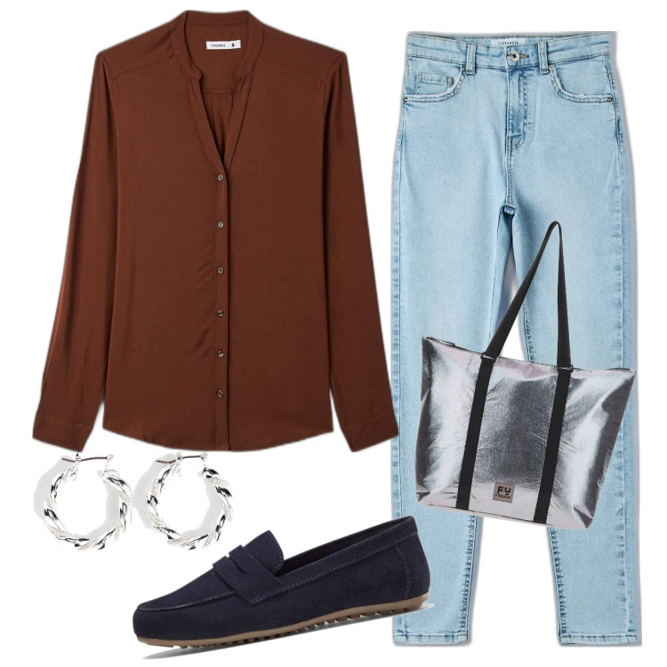 Outfit donna - not banal matching. Stile Basic per Tutti i giorni. Abbinamento con mocassini, orecchini, camicie, jeans skinny, borse tote.