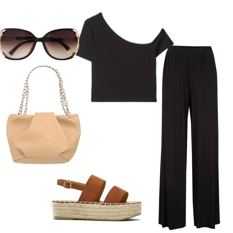Outfit donna - Comoda e bella. Stile Basic per Tutti i giorni. Abbinamento con pantaloni, occhiali da sole, sandali, borse a mano, t-shirt.