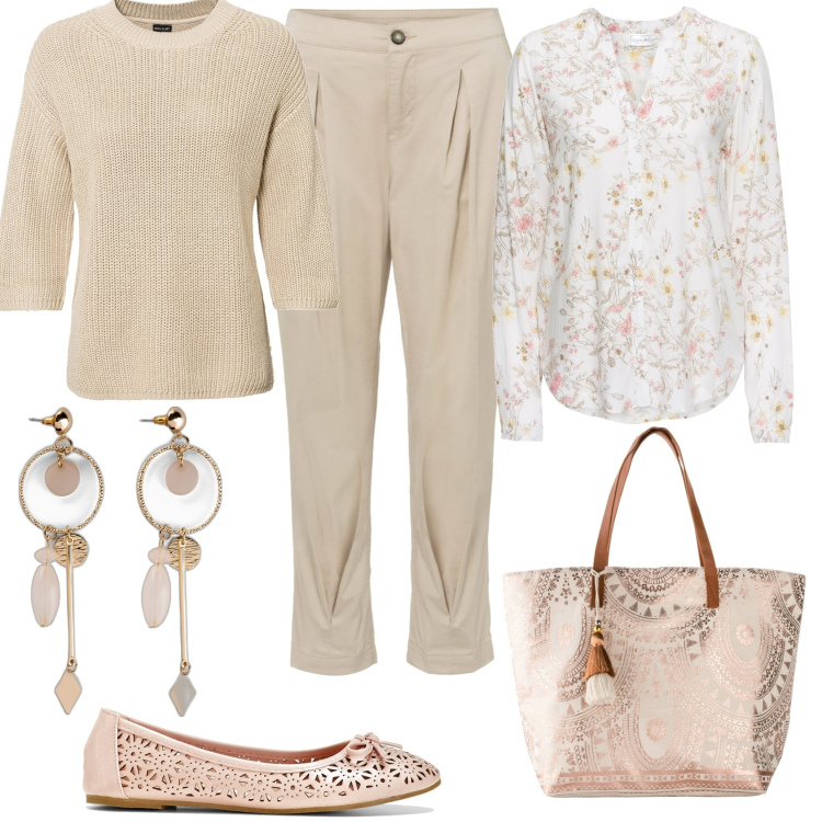 Outfit donna - Basic beige e rosa!. Stile Basic per Tutti i giorni. Abbinamento con ballerine, camicie, orecchini, shopping bag, maglieria, pantaloni capri.