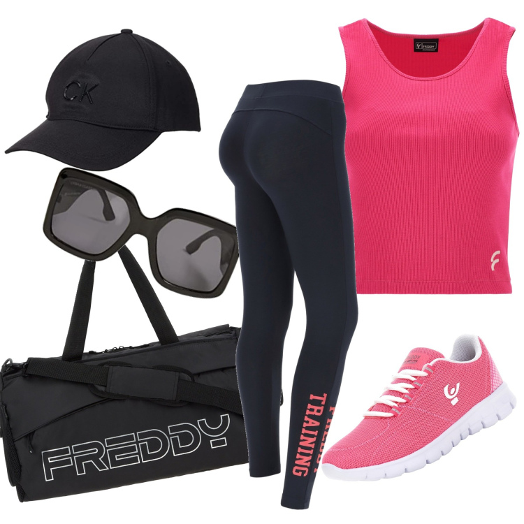 Outfit donna - Gym4Girl!. Stile Sporty chic per Sport. Abbinamento con borse sportive, leggings, top, sneakers, cappelli, occhiali da sole.