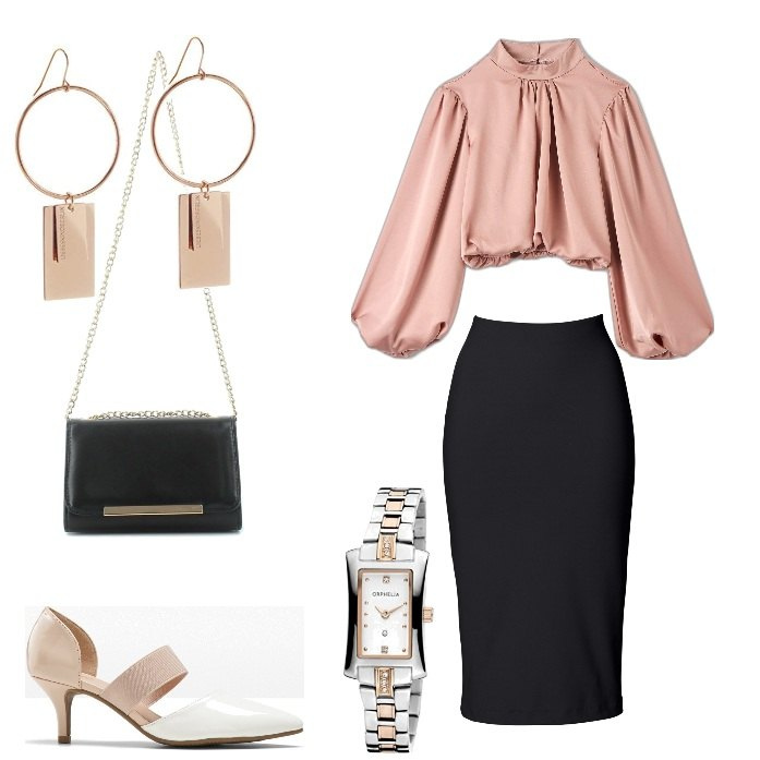Outfit donna - Estilo. Stile Casual chic per Tutti i giorni. Abbinamento con gonne longuette, décolleté, camicie, clutch, orologi analogici, orecchini.