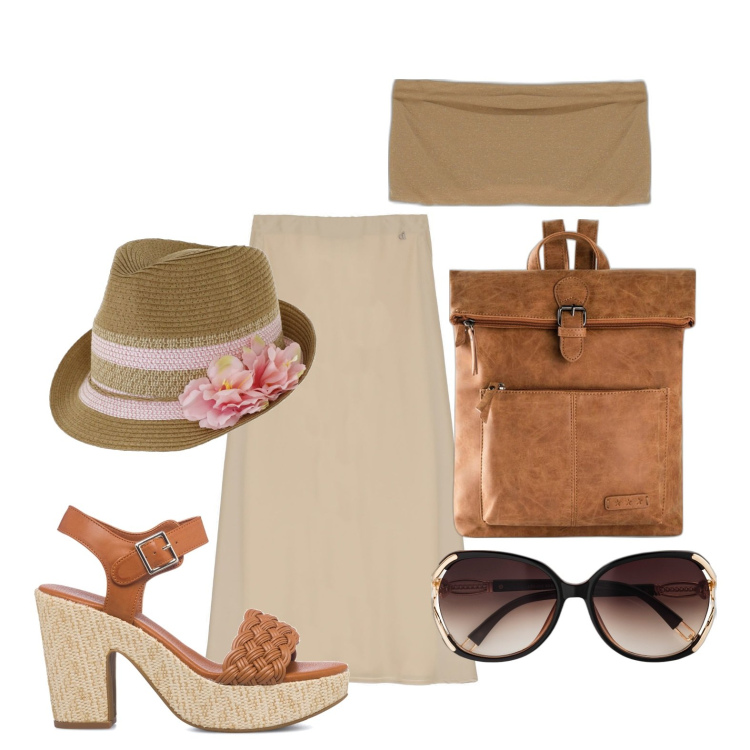 Outfit donna - Ghost outfitter - maggio. Stile Minimal per Mare. Abbinamento con occhiali da sole, zaini, top, gonne longuette, sandali in pelle, cappelli.