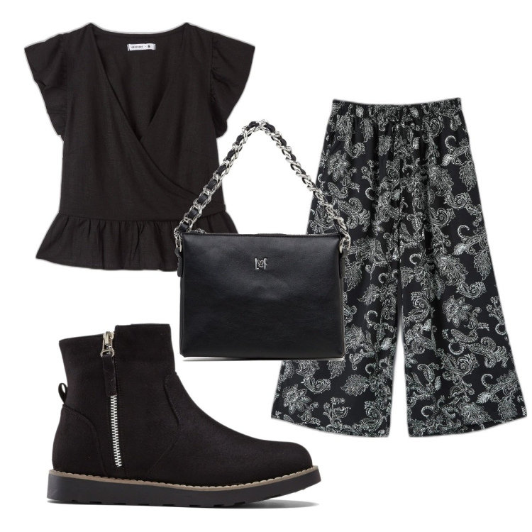 Outfit donna - Total look #1627315. Stile Trendy per Tutti i giorni. Abbinamento con stivaletti, pantaloni a palazzo, bluse, borse a tracolla.