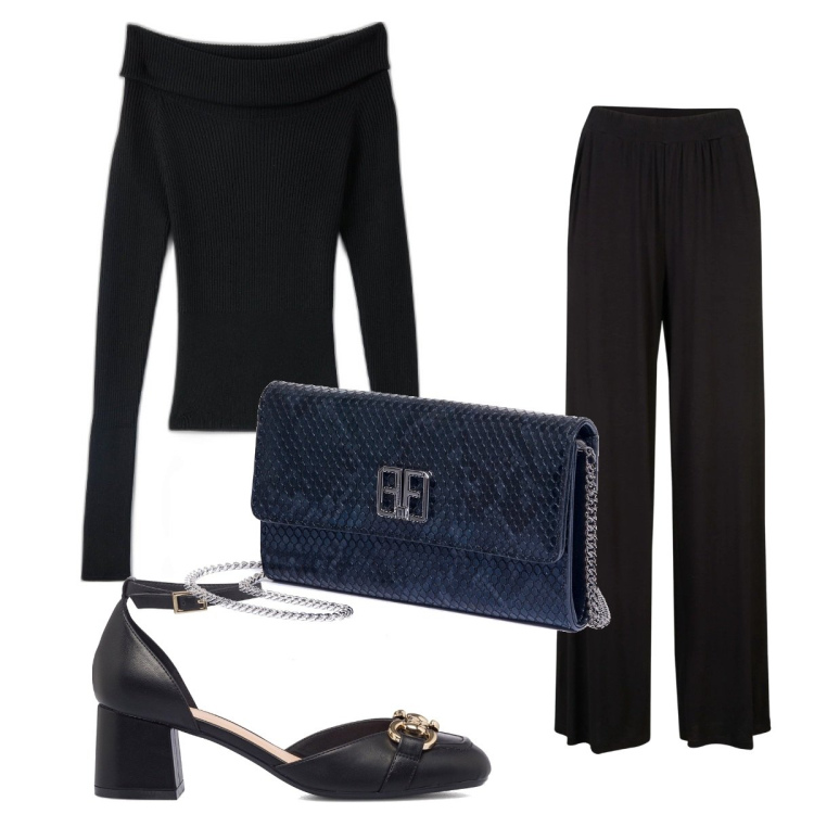 Outfit donna - Total look #1627342. Stile Trendy per Serata fuori. Abbinamento con pantaloni, maglieria, pochette, décolleté.