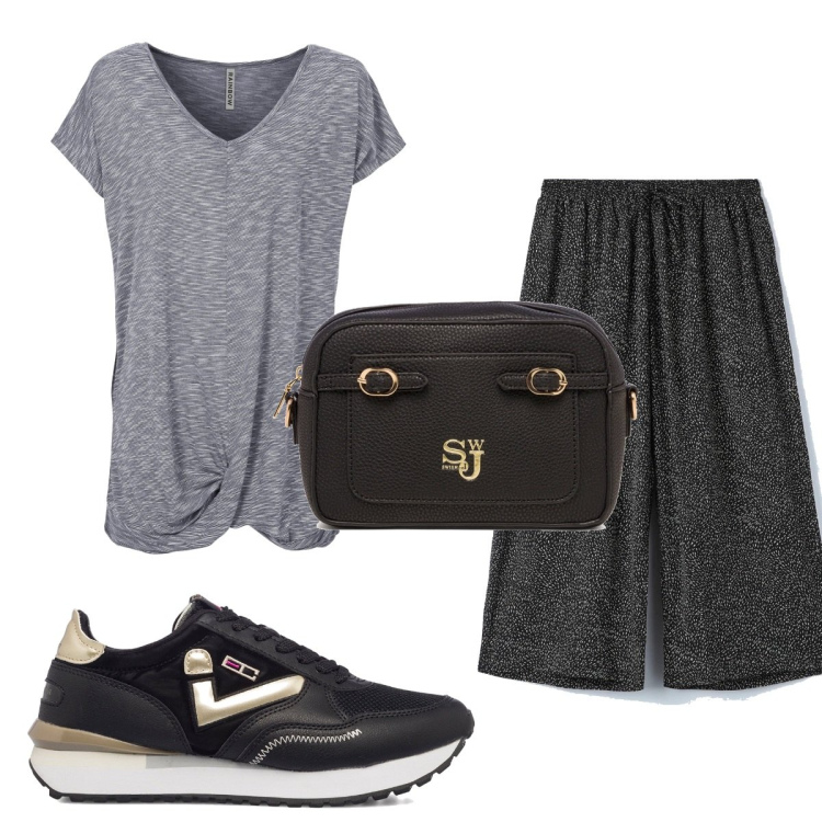 Outfit donna - Total look #1627359. Stile Basic per Tutti i giorni. Abbinamento con maglieria, pantaloni a palazzo, sneakers, borse a tracolla.
