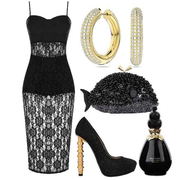 Outfit donna - Trasparenze a Cannes 2023. Stile Glamour per Cerimonia. Abbinamento con décolleté, vestiti midi/longuette, pochette, profumi, orecchini.