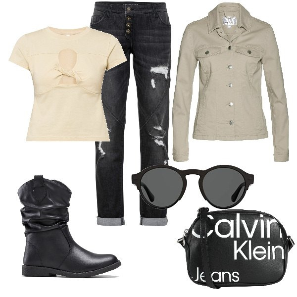 Outfit donna - Total look #1627584. Stile Rock per Serata fuori. Abbinamento con blazer, jeans boyfriend, maglieria, stivali, borse a tracolla, occhiali da sole.