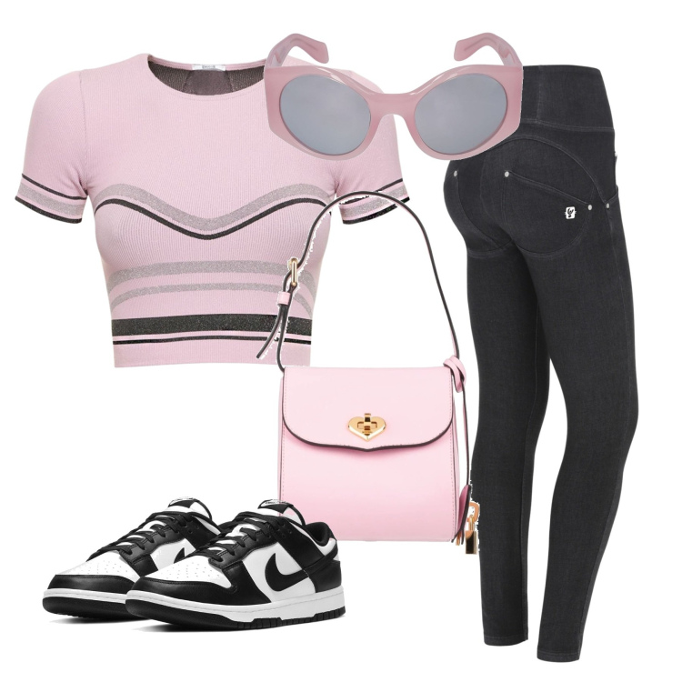 Outfit donna - Sporty pink. Stile Basic per Tutti i giorni. Abbinamento con sneakers, borse a mano, pantaloni skinny, top, occhiali da sole.