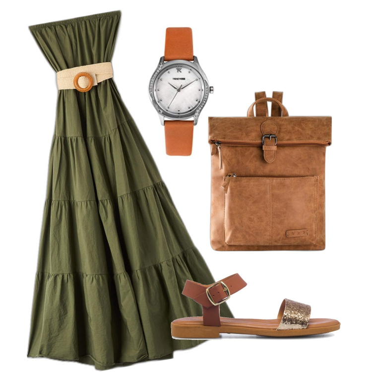 Outfit donna - Lo zaino sulle spalle. Stile Military per Tutti i giorni. Abbinamento con zaini, vestiti lunghi, sandali in pelle, orologi.