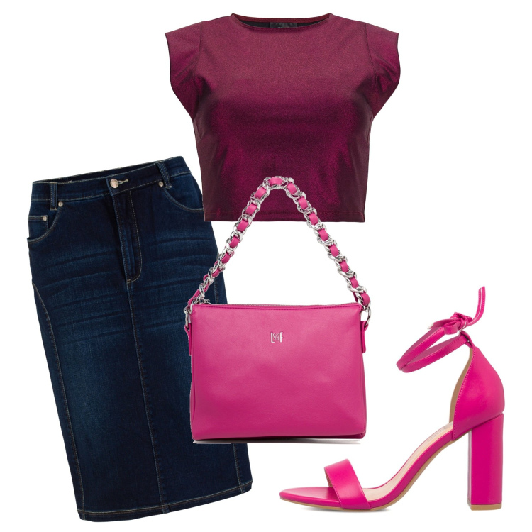 Outfit donna - Signorina in denim e ciclamino. Stile Casual chic per Tutti i giorni. Abbinamento con gonne, top, borse a tracolla, sandali in pelle.