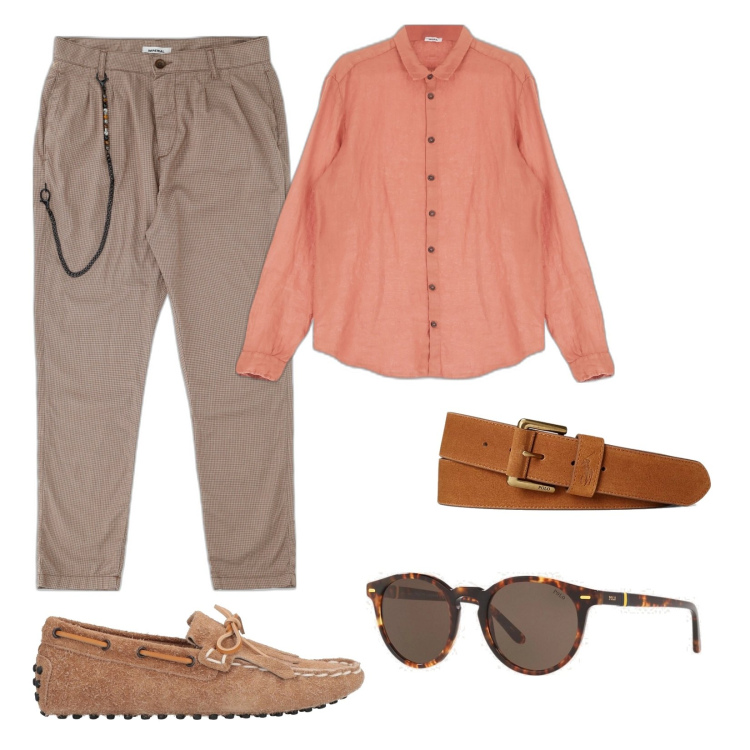 Outfit uomo - Casual comodo. Stile Casual per Ufficio. Abbinamento con scarpe stringate, pantaloni, camicie, occhiali da sole, cinture.