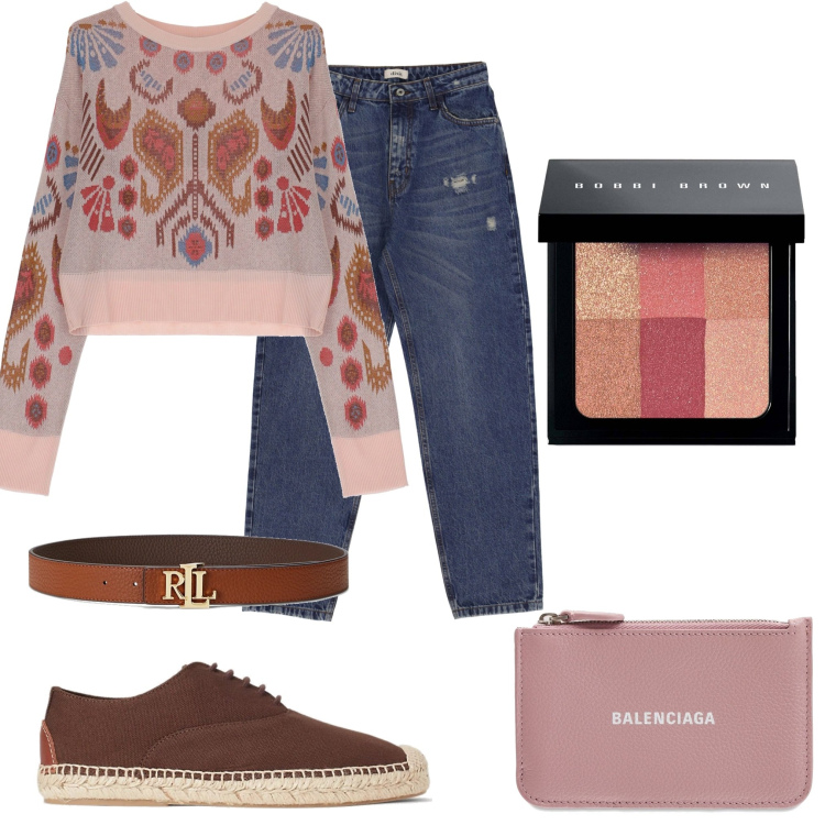 Outfit donna - Total look #1627716. Stile Casual per Tutti i giorni. Abbinamento con maglieria, jeans dritti, cinture, espadrillas, terre, portafogli.