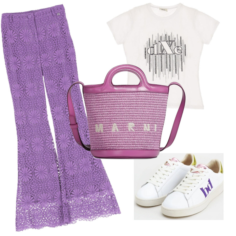 Outfit donna - Pizzo lilla. Stile Casual chic per Tutti i giorni. Abbinamento con sneakers, t-shirt, pantaloni, borse a secchiello.