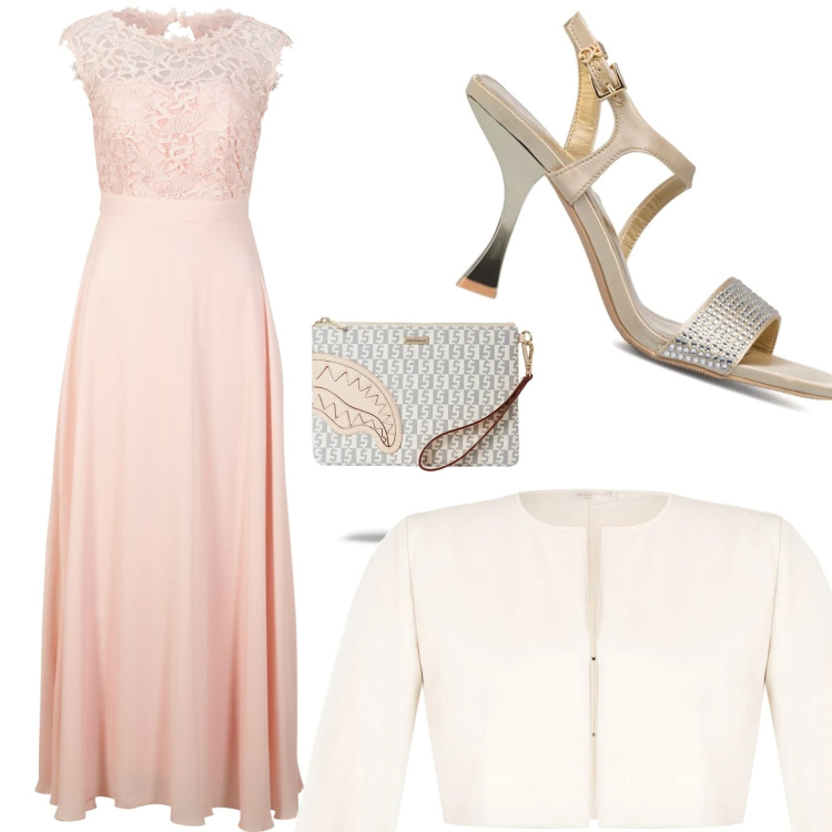 Outfit donna - Debutto di classe. per Cerimonia. Abbinamento con vestiti lunghi, bolero, pochette, sandali gioiello.