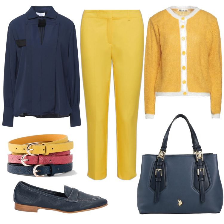 Outfit donna - Total look #1627888. Stile Basic per Ufficio. Abbinamento con cinture, cardigans, bluse, borse a mano, mocassini, pantaloni.